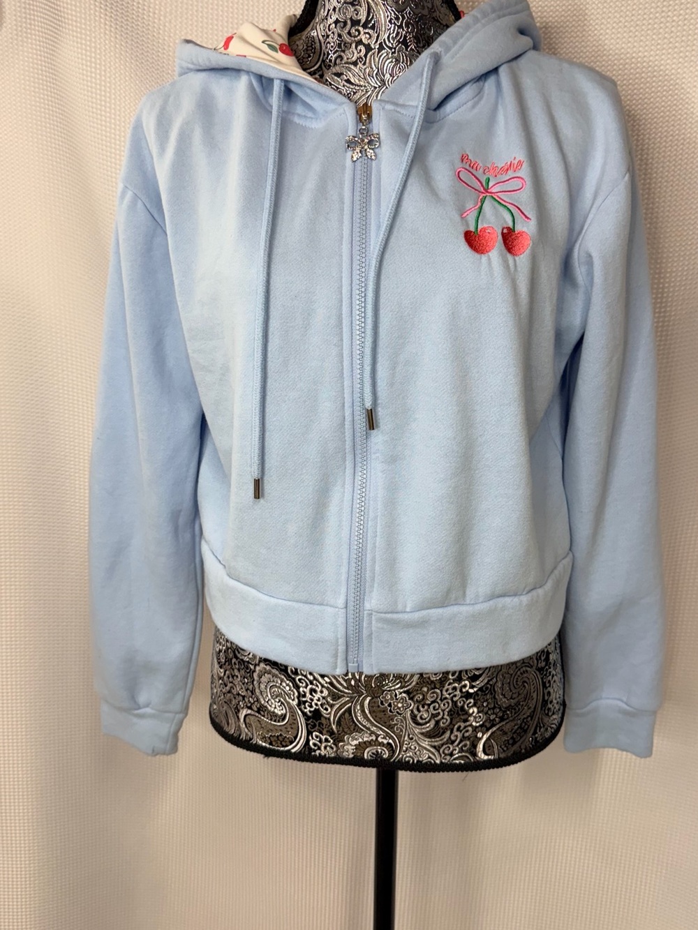 Light Blue Zip-Up Hoodie with Cherry Embroidery